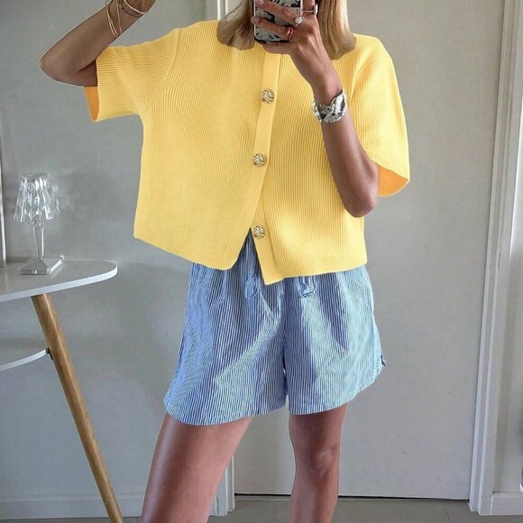 Yellow Casual Women's Plus Size Loose Knitted Short Slouchy Cardigan Top - Picture 2 of 8